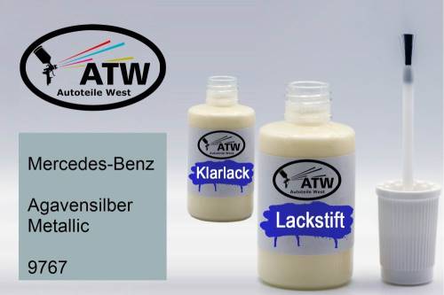 Mercedes-Benz, Agavensilber Metallic, 9767: 20ml Lackstift + 20ml Klarlack - Set, von ATW Autoteile West.